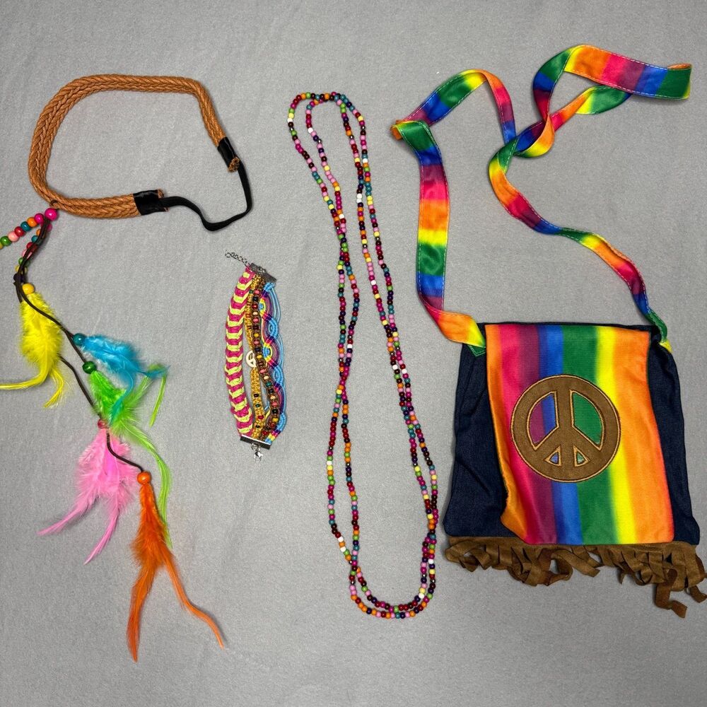 Groovy Hippie Costume Lot Women Fringe Vest Peace Sign Bag Boho Festival 60s 70s